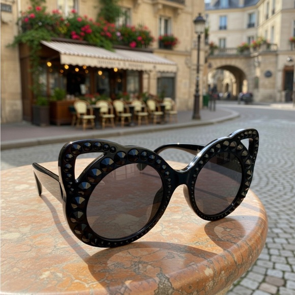 Dolce & Gabbana ?️ Black Round Cat Ear 
Rhinestone Studded Sunglasses with case main image 10